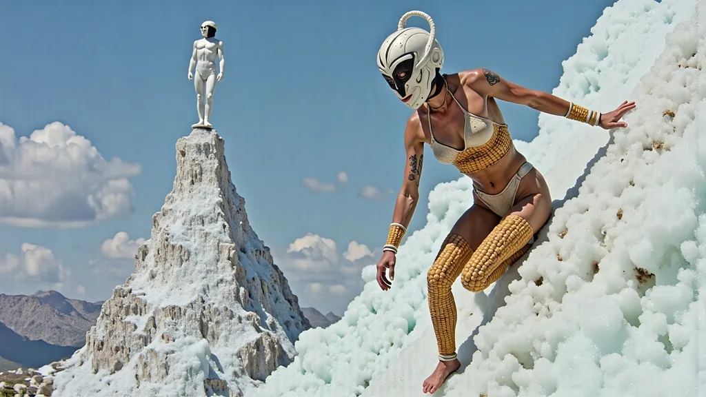 Prompt: masked  luchador wrestler in bodysuit made of corn  ice climbing a mountain.
retrofuturism style 