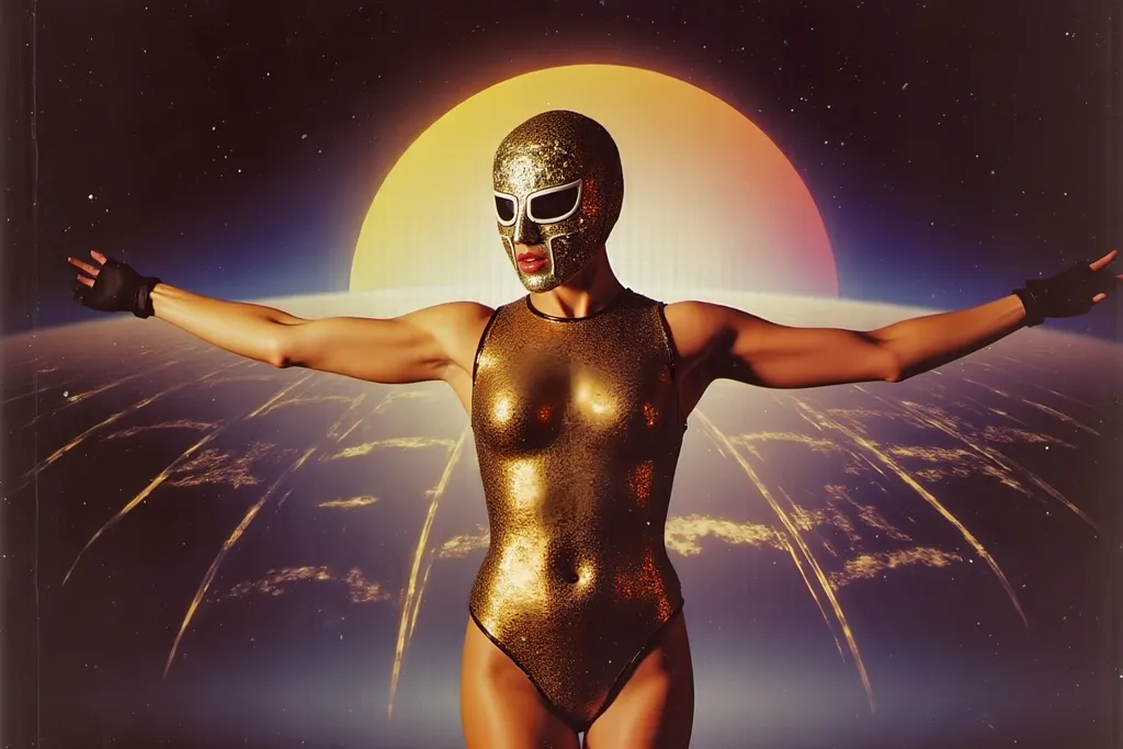 Prompt: female masked  luchador wrestler in  sparkly  bodysuit   parachuting 
retrofuturism style , photography 