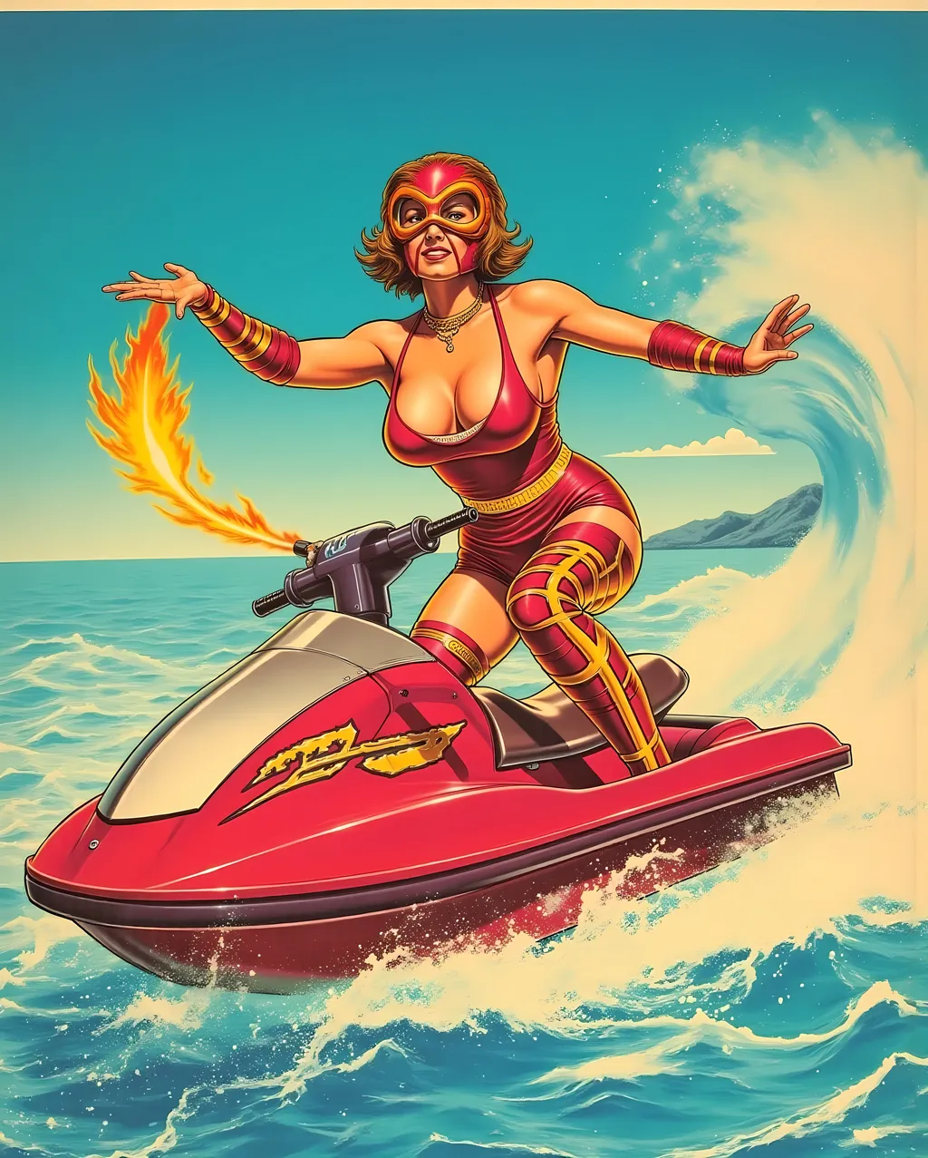 Prompt: female Luchador wrestler (dressed in full body luchador costume with full face luchador mask) riding a jet ski  holding a flare in one hand , in a hand drawn vintage Japanese tattoo style.