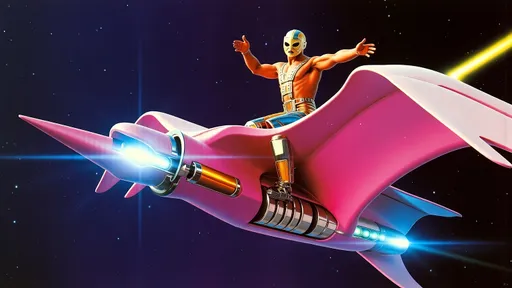 Prompt: Luchador wrestler (dressed in full body luchador costume with full face luchador mask) riding  a huge mechanical  fling hawk with neon lights  , lens flare, wide angle, dynamic pose , retro futurism