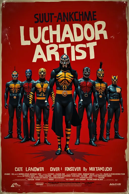 Prompt: Create a movie poster titled as "LUCHADOR ARTIST"
featuring luchadores 