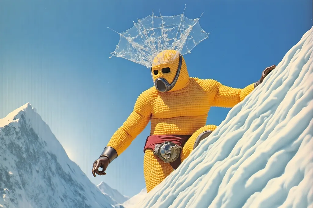 Prompt: masked  luchador wrestler in bodysuit made of corn  ice climbing a mountain.
retrofuturism style 