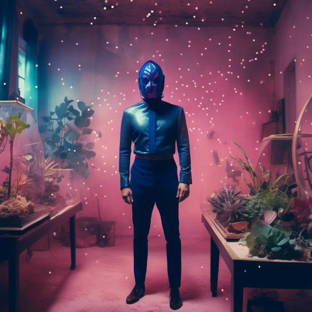 Prompt: <mymodel>luchador fighter dressed in sparkly dark BLUE and pink mask and bodysuit  in a dusty room filled with terrariums
retrofuturism, faded photo, light leak, film burn, flash 
