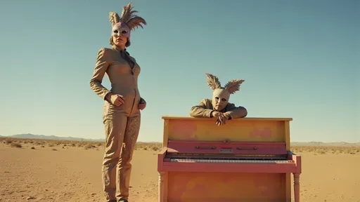 Prompt: masked female luchador (dressed in full luchador costume with mask and sparkly details) in colorful, sparkly costume and mask, standing on top of a colorful  grand piano in the middle of the desert , whimsical atmosphere, playful and lively, ultra-detailed, HD, , surreal and fun setting, capturing a magical moment of playfulness and nostalgia, visually striking tableau. 
