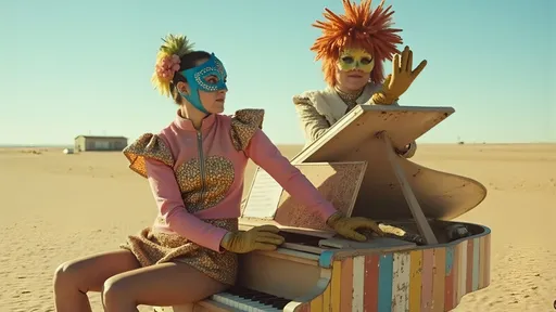 Prompt: masked female luchador (dressed in full luchador costume with mask and sparkly details) in colorful, sparkly costume and mask, standing on top of a colorful  grand piano in the middle of the desert , whimsical atmosphere, playful and lively, ultra-detailed, HD, , surreal and fun setting, capturing a magical moment of playfulness and nostalgia, visually striking tableau. 

