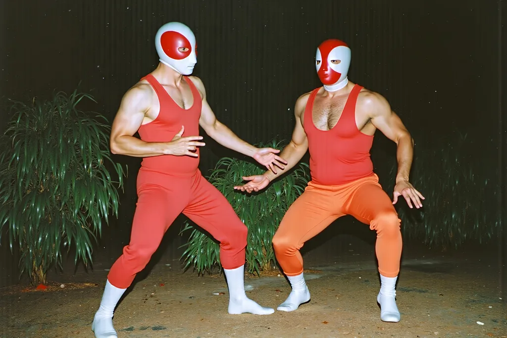 Prompt: masked male and female  luchadores wrestlers in a vintage 1950 garden scene, dancing in 1950s swing style suits. wearing 1950s fashion made of corn, Lomography 