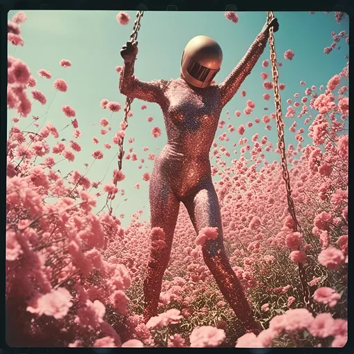 Prompt: <mymodel> <mymodel> luchador fighter dressed li in sparkly bronze and pink  mask and bodysuit swinging from the on a huge swing in a fields of dead flowers
retrofuturism, faded photo, light leak, film burn, flash ,fish eye lens, wide lens, 8m"m lens, lens flare, polaroid, high contrast, low angle