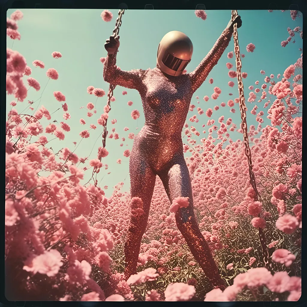 Prompt: <mymodel> <mymodel> luchador fighter dressed li in sparkly bronze and pink  mask and bodysuit swinging from the on a huge swing in a fields of dead flowers
retrofuturism, faded photo, light leak, film burn, flash ,fish eye lens, wide lens, 8m"m lens, lens flare, polaroid, high contrast, low angle