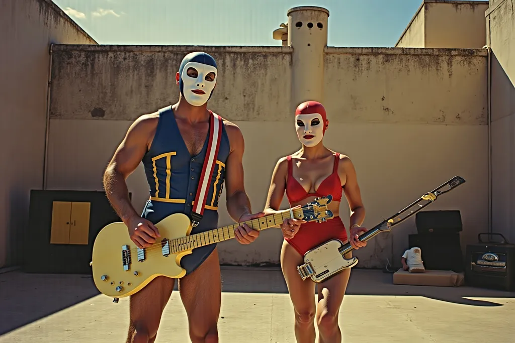 Prompt: masked male and female  luchadores wrestlers in a vintage 1950 jail outdoor court scene, playing a big band swing band in 1950s swing style suits. wearing 1950s fashion made of corn, Lomography 