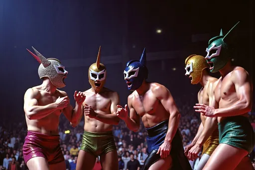 Prompt: fully masked luchador in sparkly costumes .a small group (no more than 4 people) luchadores wrestlers. screaming at each other , dynamic  scene. people look very upset. with a 1980's simple brutalist design aesthetic.