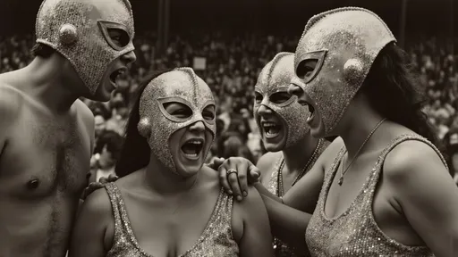 Prompt: a small group (no more than 4 people) luchadores wrestlers (dresses in  themed luchador costume, masks and bodysuits) screaming at each other , dynamic  scene. people look very upset, and angry  
photograph, grainy film look fully masked luchador in sparkly costumes .a small group (no more than 4 people) luchadores wrestlers. screaming at each other , dynamic  scene. people look very upset. with ., whimsical atmosphere, playful and lively, ultra-detailed, HD, , surreal and fun setting, capturing a magical moment of playfulness and nostalgia, visually striking tableau.