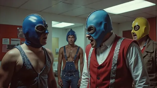 Prompt: a small group (no more than 4 people) luchadores wrestlers (dresses in  themed luchador costume, masks and bodysuits) screaming at each other , dynamic  scene. people look very upset, and angry  in a florescent lit room, with a 1980's simple brutalist design aesthetic. 
8K , super detailed . in a 1980's indie cinematic look, faded winter color theme.
photograph, grainy film look fully masked luchador in sparkly costumes .a small group (no more than 4 people) luchadores wrestlers. screaming at each other , dynamic  scene. people look very upset. with a 1980's simple brutalist design aesthetic.