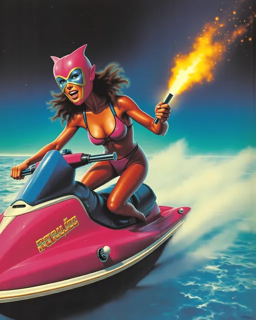 Prompt: female Luchador wrestler (dressed in full body luchador costume with full face luchador mask) riding a jet ski  holding a flare in one hand 