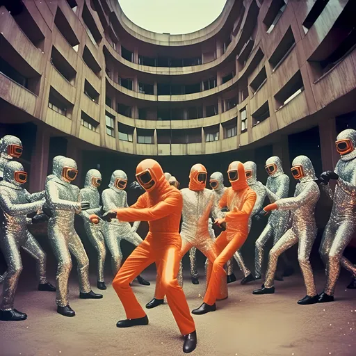 Prompt: <mymodel>  photo , film of extremely  soviet brutalist park.
 luchador fighters are  dancing  in full sparkly body suit and mask , faded photo, light leak, film burn ,fish eye lens, wide lens, 8m"m lens, lens flare
dark orange and silver.
tilt and shift effect