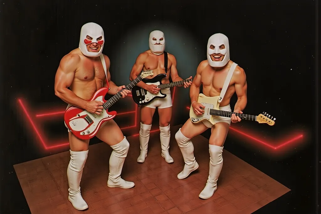 Prompt: rockabilly band of masked male and female luchadores wrestlers in a vintage 1950 jail plating in rockabilly band 