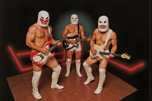 Prompt: rockabilly band of masked male and female luchadores wrestlers in a vintage 1950 jail plating in rockabilly band 