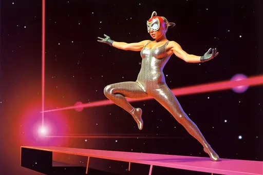 Prompt: female masked  luchador wrestler in  sparkly  bodysuit   doing parkour 
retrofuturism style , photography  