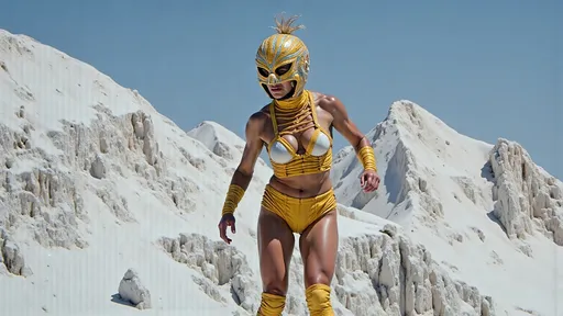 Prompt: masked  luchador wrestler in bodysuit made of corn  ice climbing a mountain.
retrofuturism style 