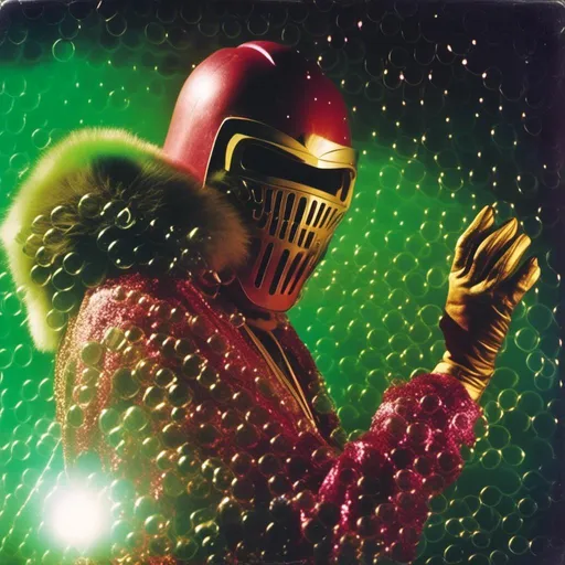 Prompt: <mymodel>  photo , film , flash .
night shot, flash luchador fighter dressed in  merlot and gold and neon green sparkly fur  jacket and mask and bodysuit blowing bubbles r, faded photo, light leak, film burn, flash ,fish eye lens, wide lens, 8m"m lens, lens flare, polaroid, high contrast, low angle