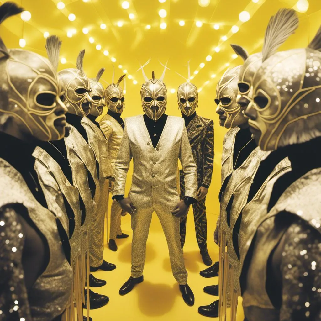 Prompt: <mymodel>  160  luchadores fighters dressed in silver and yellow sparkly fur  jacket and mask and bodysuit playing darts , faded photo, light leak, film burn ,fish eye lens, wide lens, 8m"m lens, lens flare