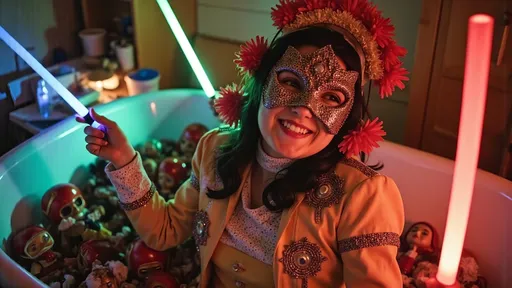 Prompt: masked female luchador (dressed in full luchador costume with mask and sparkly details) in colorful, sparkly costume and mask, vintage bathtub filled with toy luchadores and vibrant light sticks, whimsical atmosphere, playful and lively, ultra-detailed, HD, , surreal and fun setting, capturing a magical moment of playfulness and nostalgia, visually striking tableau.
