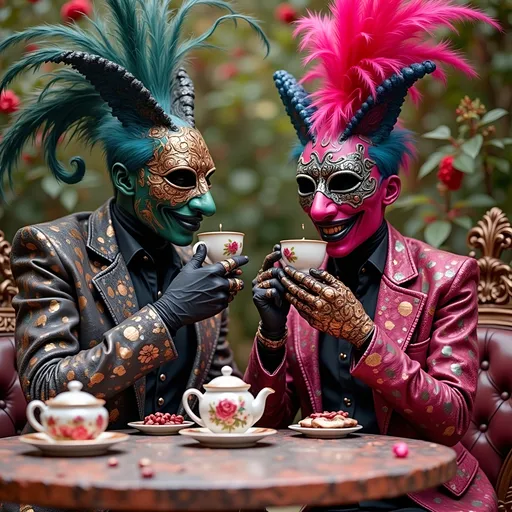 Prompt:   2 masked luchador dressed colorful sparkly feathered  suit, drinking tea  in a fancy garden