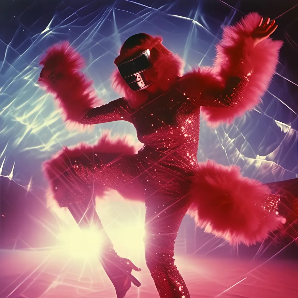 Prompt: <mymodel>  female  luchador fighter dressed in  dark red sparkly fur  jacket and mask and bodysuit dancing flamenco
retrofuturism, faded photo, light leak, film burn, flash ,fish eye lens, wide lens, 8m"m lens, lens flare, polaroid, high contrast, low angle, motion blur, slow shutter