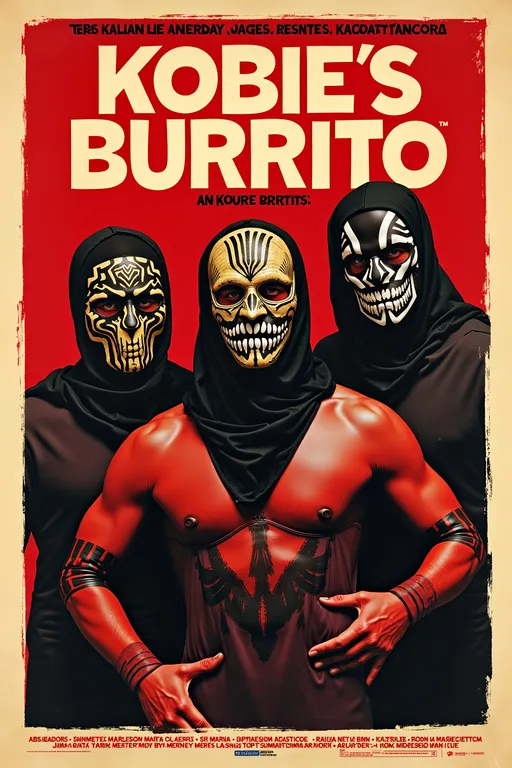 Prompt: Create a movie poster titled as "KOBIE'S BURRITO" 
with a masked luchadores characters
