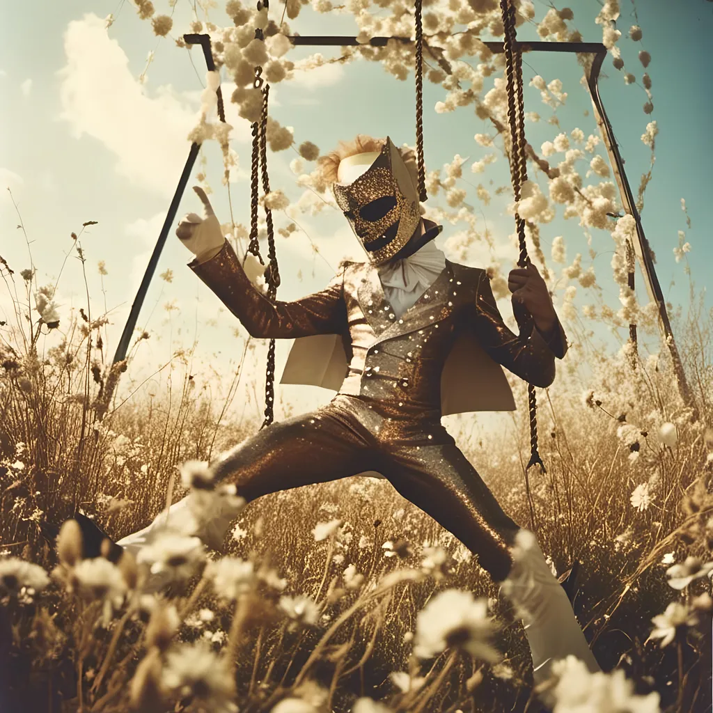 Prompt: <mymodel> luchador fighter dressed like Elvis in sparkly bronze and white  mask and bodysuit swinging from the on a huge swing in a fields of dead flowers
retrofuturism, faded photo, light leak, film burn, flash ,fish eye lens, wide lens, 8m"m lens, lens flare, polaroid, high contrast, low angle