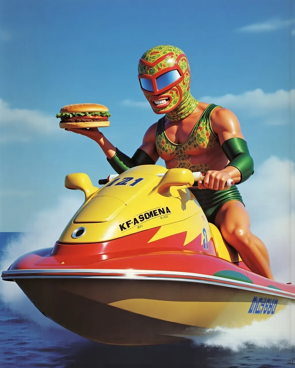Prompt: Luchador wrestler (dressed in full body luchador costume with full face luchador mask) riding a jet ski  holding a burger in one hand