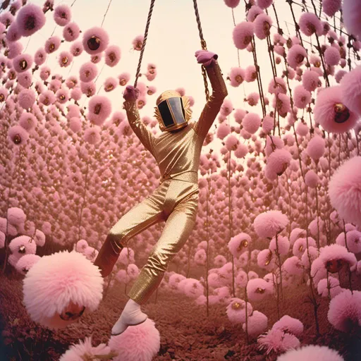 Prompt: <mymodel>night shot, flash luchador fighter dressed in light pink and gold sparkly fur  jacket and mask and bodysuit swinging from the on a huge swing in a fields of dead flowers
retrofuturism, faded photo, light leak, film burn, flash ,fish eye lens, wide lens, 8m"m lens, lens flare, polaroid, high contrast, low angle