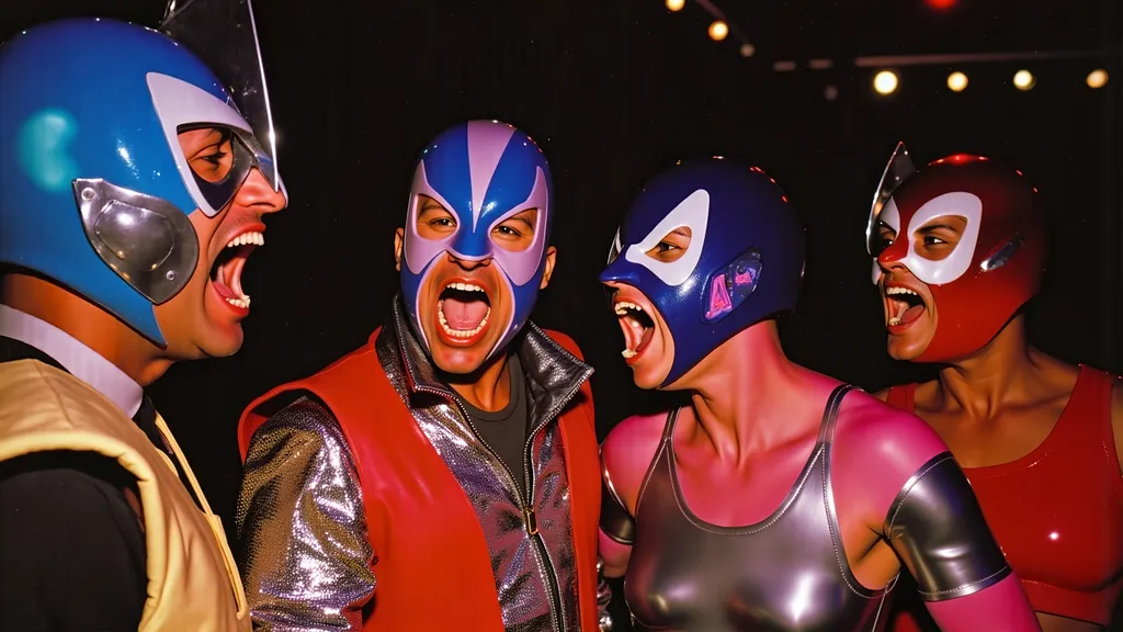 Prompt: a small group (no more than 4 people) luchadores wrestlers (dresses in  themed luchador costume, masks and bodysuits) screaming at each other , dynamic  scene. people look very upset, and angry  
photograph, grainy film look fully masked luchador in sparkly costumes .a small group (no more than 4 people) luchadores wrestlers. screaming at each other , dynamic  scene. people look very upset. with ., whimsical atmosphere, playful and lively, ultra-detailed, HD, , surreal and fun setting, capturing a magical moment of playfulness and nostalgia, visually striking tableau.