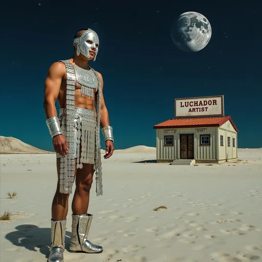 Prompt:   a moon landscape with on lonely masked luchador (in a full sparkly luchador costume) on the horizon- one lonely building  with a  vintage and dirty sign on the roof  the says- correctly spelling "Luchador Artist" in the distance on surface of the moon itself , far away a planet floating in the background.