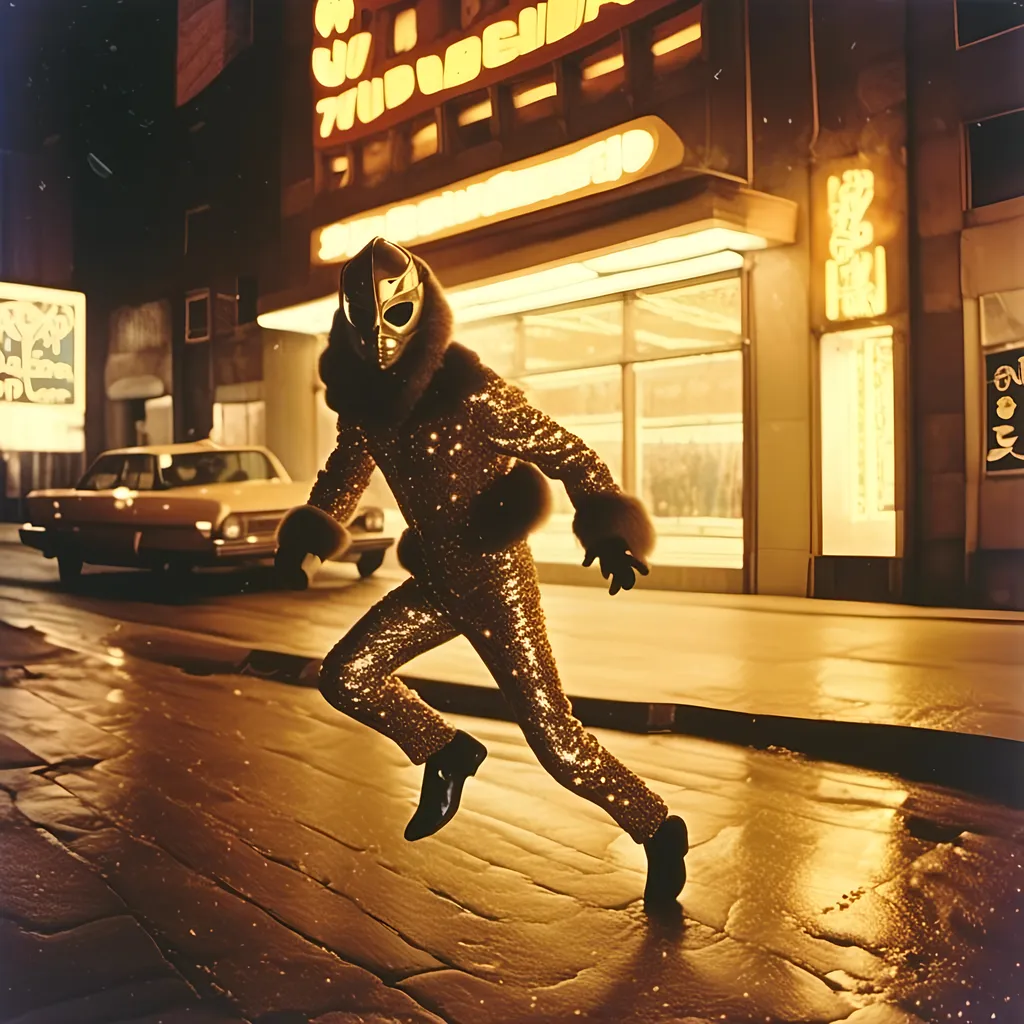 Prompt: <mymodel>  night shot, flash luchador fighter dressed inbrown and gold sparkly fur  jacket and mask and bodysuit running up a art deco building 
retrofuturism, faded photo, light leak, film burn, flash ,fish eye lens, wide lens, 8m"m lens, lens flare, polaroid, high contrast, low angle