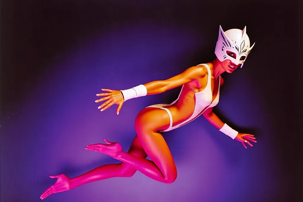 Prompt: female masked  luchador wrestler in  sparkly  bodysuit   hand gliding 
retrofuturism style , photography 