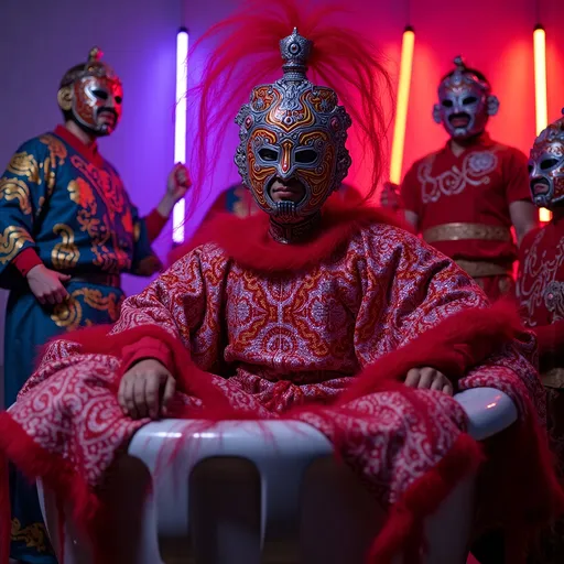 Prompt:  masked female luchador (dressed in full luchador costume with mask and sparkly details) in colorful, sparkly costume and mask, vintage bathtub filled with toy luchadores and vibrant light sticks, whimsical atmosphere, playful and lively, ultra-detailed, HD, , surreal and fun setting, capturing a magical moment of playfulness and nostalgia, visually striking tableau.