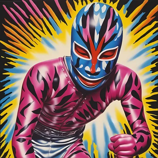 Prompt:   <mymodel> luchador fighter, realistic punk japanese art, 1980, , airbrush vintage graphic, agressive, vibrant colors grainy, airbrush, retro 80s