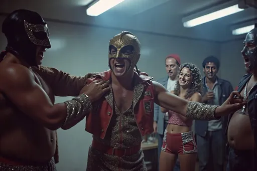 Prompt: a small group (no more than 4 people) luchadores wrestlers. screaming at each other , dynamic  scene. people look very upset. florescent lit room, with a 1980's simple brutalist design aesthetic. 
8K , super detailed . in a 1980's indie cinematic look
photograph, grainy film look