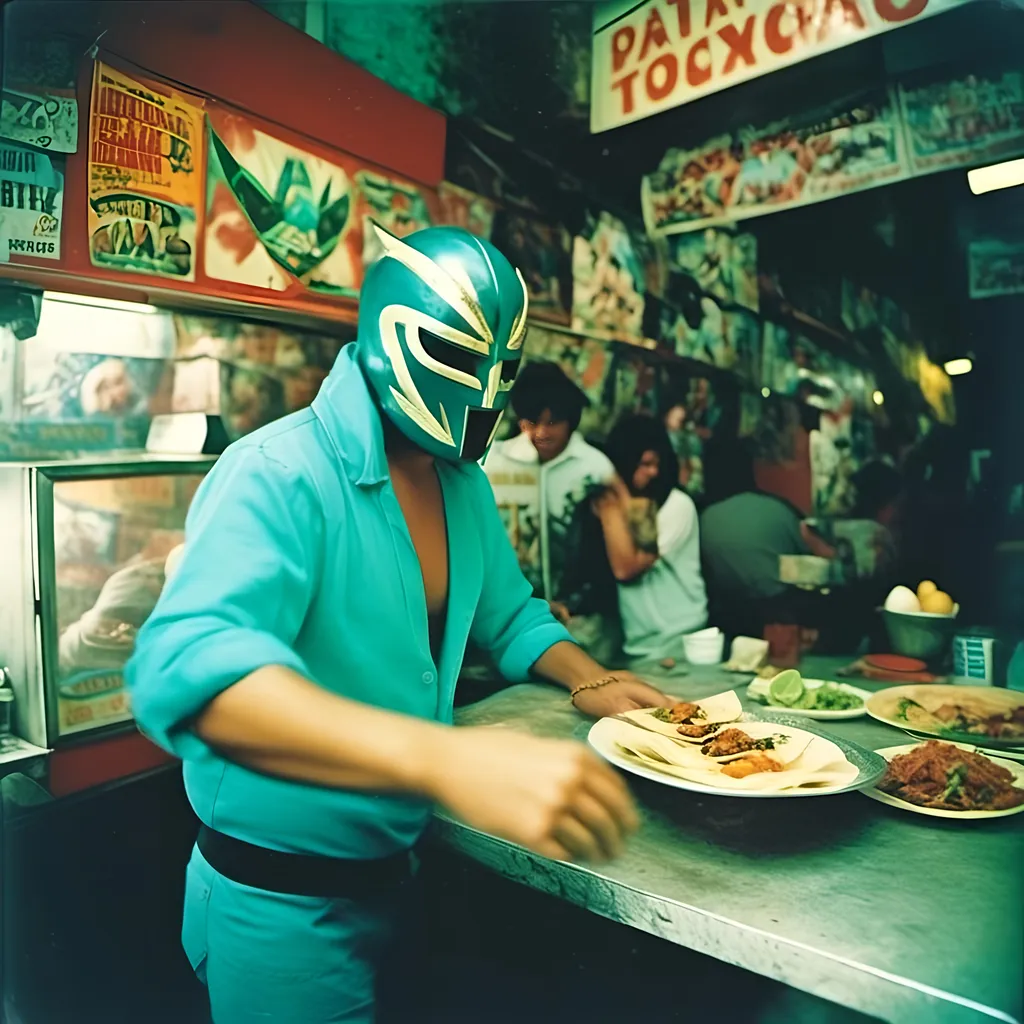 Prompt: <mymodel>  photo , film 
 luchador fighter at a  in Mexico city street taco stand, faded photo, light leak, film burn ,fish eye lens, wide lens, 8m"m lens, lens 
tilt and shift effect, motion blur, long exposure 
teal and black