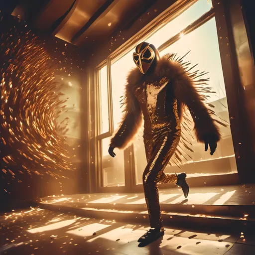 Prompt: <mymodel>  night shot, flash luchador fighter dressed inbrown and gold sparkly fur  jacket and mask and bodysuit running up a art deco building 
retrofuturism, faded photo, light leak, film burn, flash ,fish eye lens, wide lens, 8m"m lens, lens flare, polaroid, high contrast, low angle