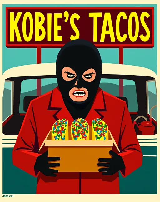 Prompt: Create a movie poster titled- "KOBIE'S TACOS' in 60s Style Movie Poster with  Mexican punk esthetic , masked 
 luchador with exaggerated expression, holding a small brown box with three  tacos in it. large  sign "KOBIE'S TACOS"  in the background.