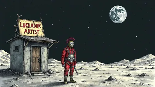 Prompt: a moon landscape with on lonely masked luchador (in a full sparkly luchador costume) on the horizon- one lonely building  with a  vintage and dirty sign on the roof  the says- correctly spelling "Luchador Artist" in the distance on surface of the moon itself , far away a planet floating in the background.