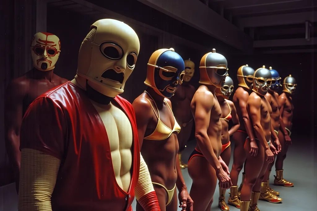 Prompt: band of masked male and female luchadores wrestlers in a vintage 1950 jail, photography 