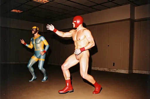 Prompt: masked male and female  luchadores wrestlers in a vintage 1950 jail scene, dancing in 1950s swing style suits. wearing 1950s fashion made of corn, Lomography 