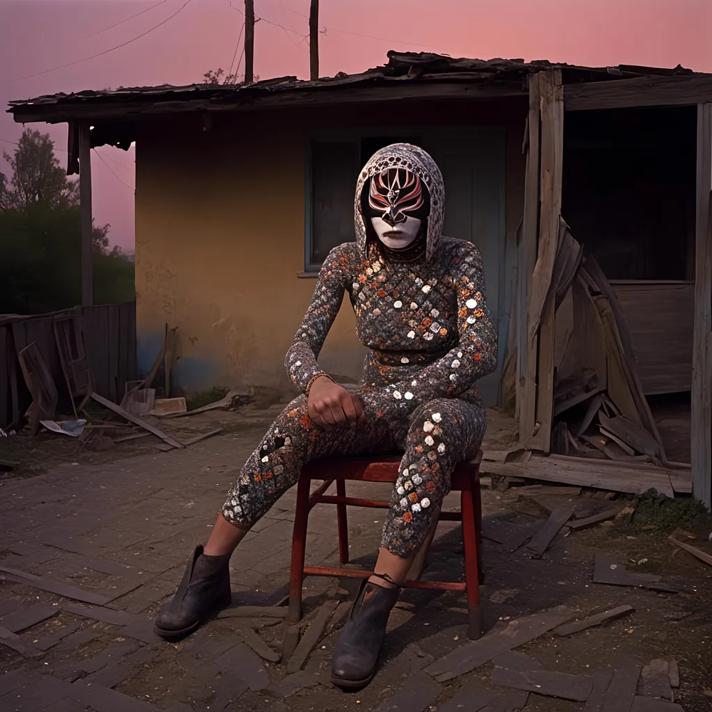 Prompt: <mymodel> portrait of old and  tired masked female luchador wrestler , she is wearing an all diamonds body suit, she is sitting on a broken down rocking chair on a porch of an old Mexican shack, she looks like she has given up on life.
A lot of dusk and haze is in the air. Dust and smoke in the air


