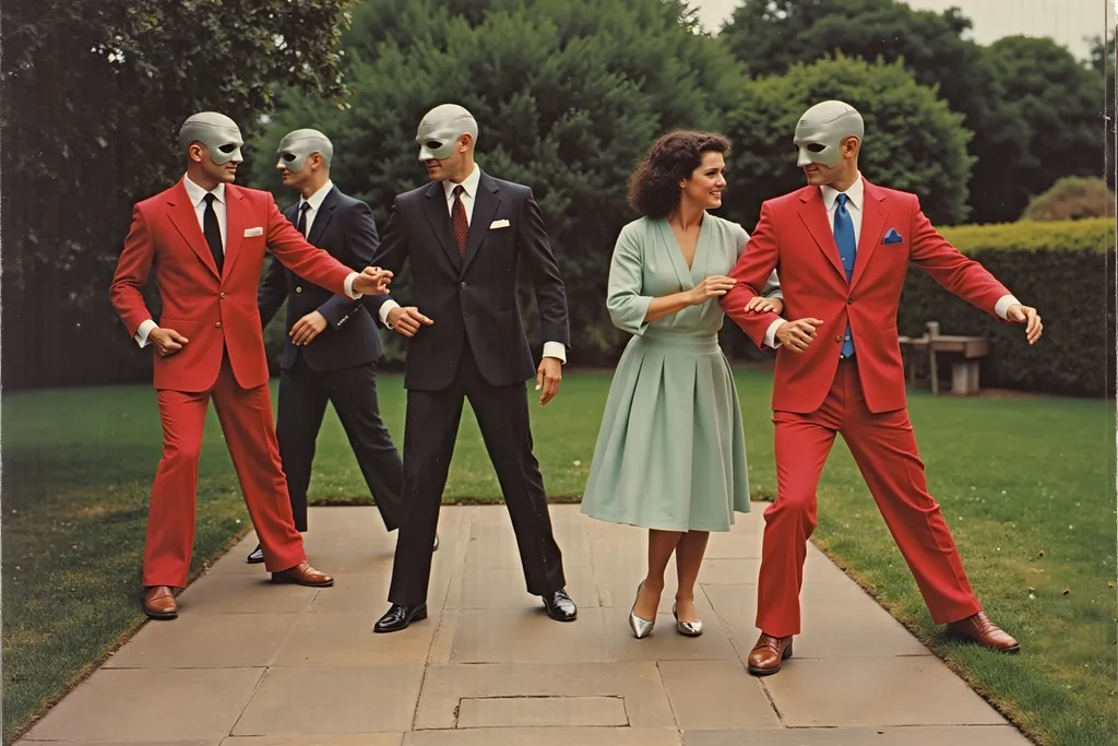 Prompt: masked male and female  luchadores wrestlers in a vintage 1950 garden scene, dancing in 1950s swing style suits. wearing 1950s fashion, silver gelatin 