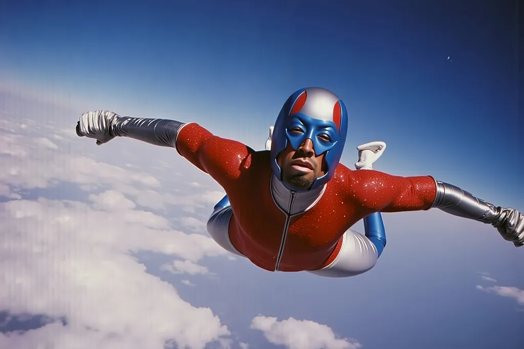 Prompt: masked  luchador wrestler in  sparkly  bodysuit   sky diving
retrofuturism style , photography 