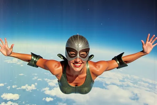 Prompt: female masked  luchador wrestler in  sparkly  bodysuit   sky diving
retrofuturism style , photography 