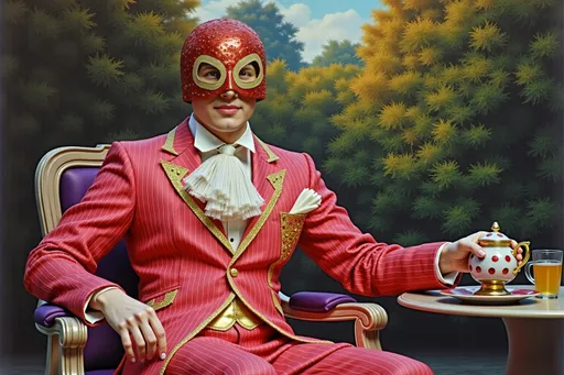 Prompt: masked luchadores dressed sparkly feathered  suit, drinking tea  in a fancy garden