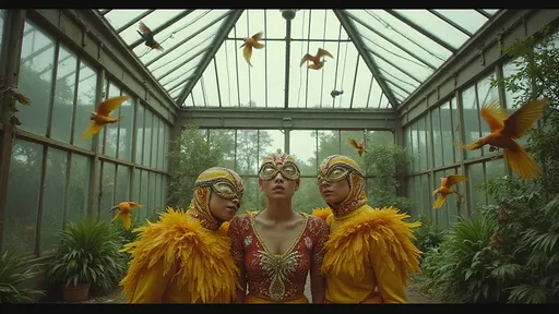 Prompt: a cinematic longshot scene taking place in a vintage and deserted glass  atrium full of a large amount of  parrots flying around . a small group of female luchadores are  in the atrium (they are all is wearing very elaborate luchador costume with jewels and feathers with full face luchador mask).  Ekta chrome photograph, a colorized photo, low-fidelity dreamy aesthetic, flare, analog photography 